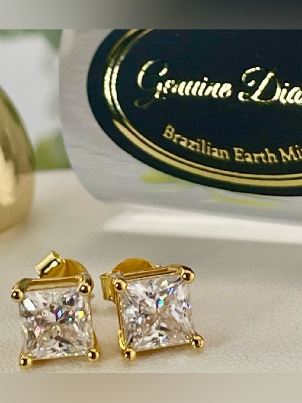 Certified 2ct Diamond studs Princess Cut 18k yellow gold on 925. 1ct Each